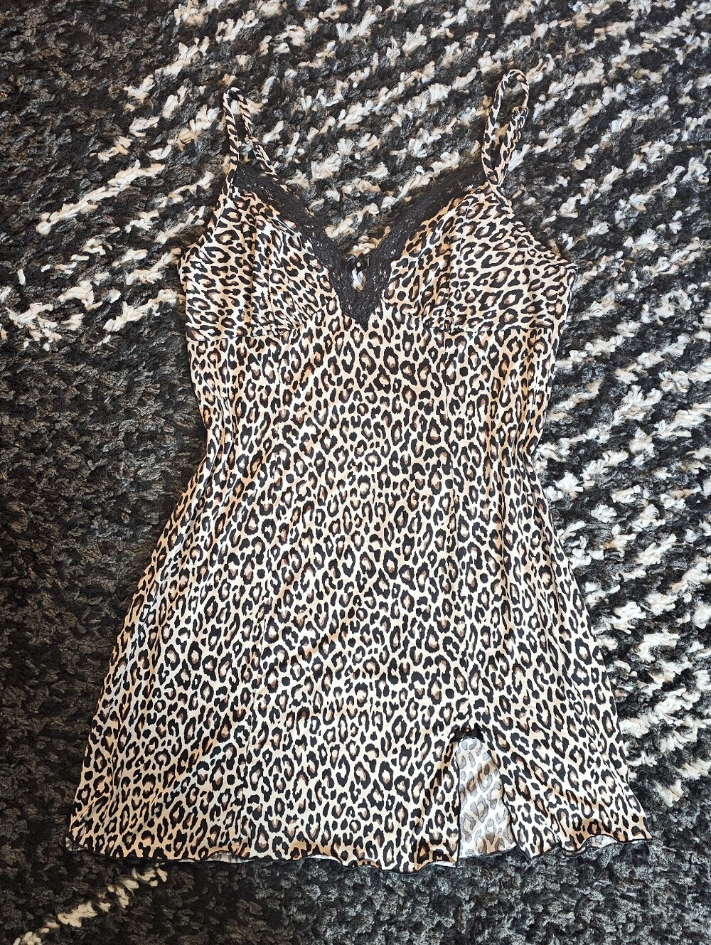 George Leopard Print Slip Dress with Lace Trim - Tan/Black